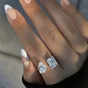 Luxury Geometric Emerald & Pear Shape Diamond Open Adjustable Ring 925 Silver